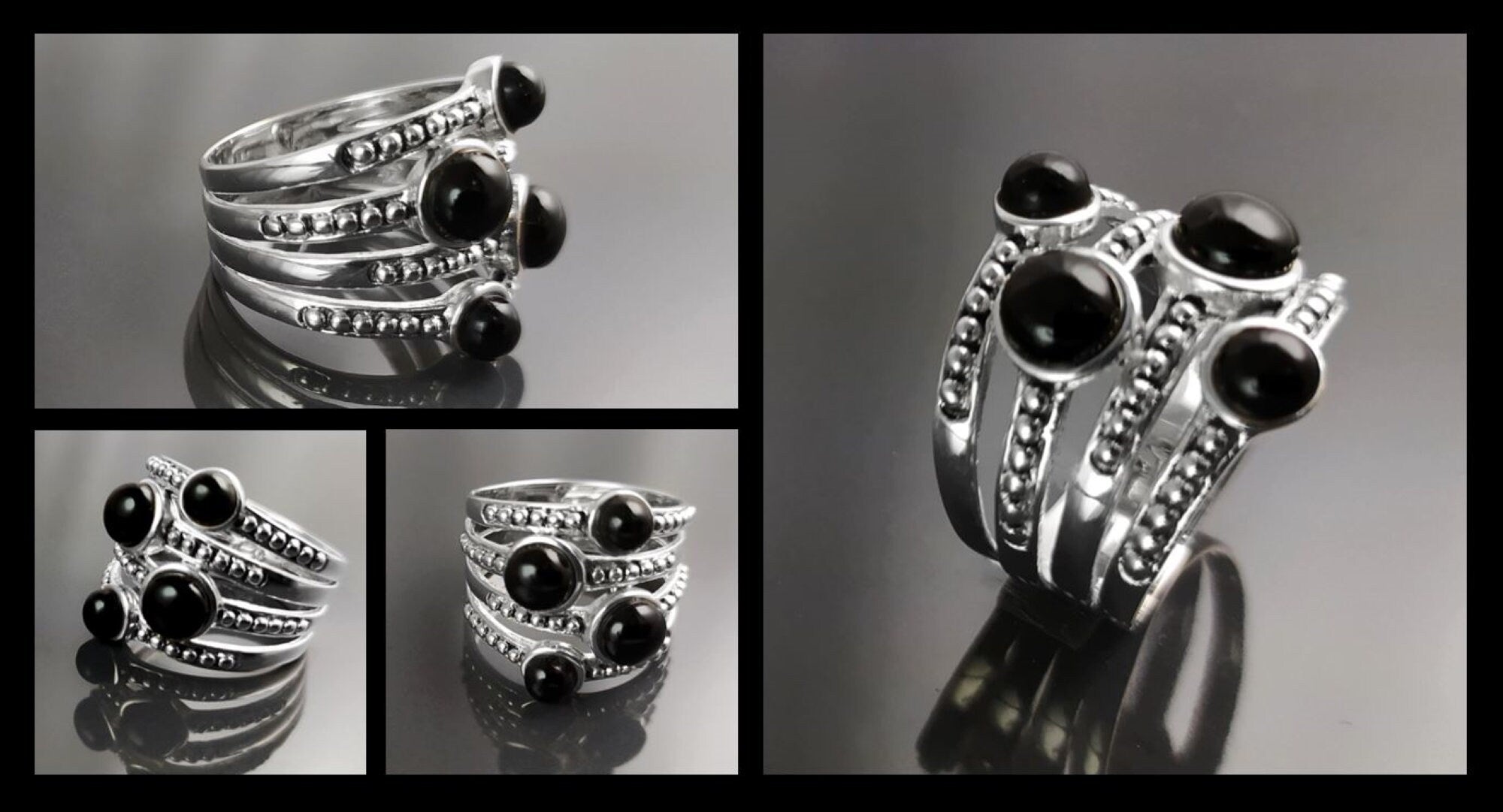 Onyx Multi Band Ring • Sterling Silver • Boho Black Stone Jewelry • Statement Antique Style gift for Her