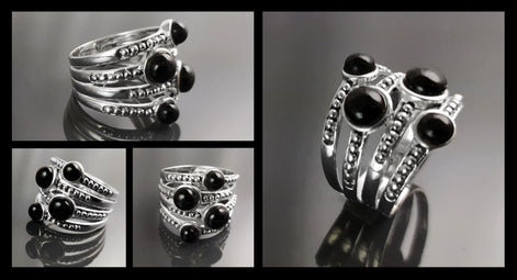 Onyx Multi Band Ring • Sterling Silver • Boho Black Stone Jewelry • Statement Antique Style gift for Her