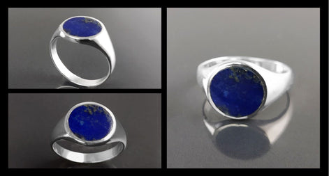 Lapis Lazuli Signet Ring, Sterling Silver Round Flat Stone, Handmade