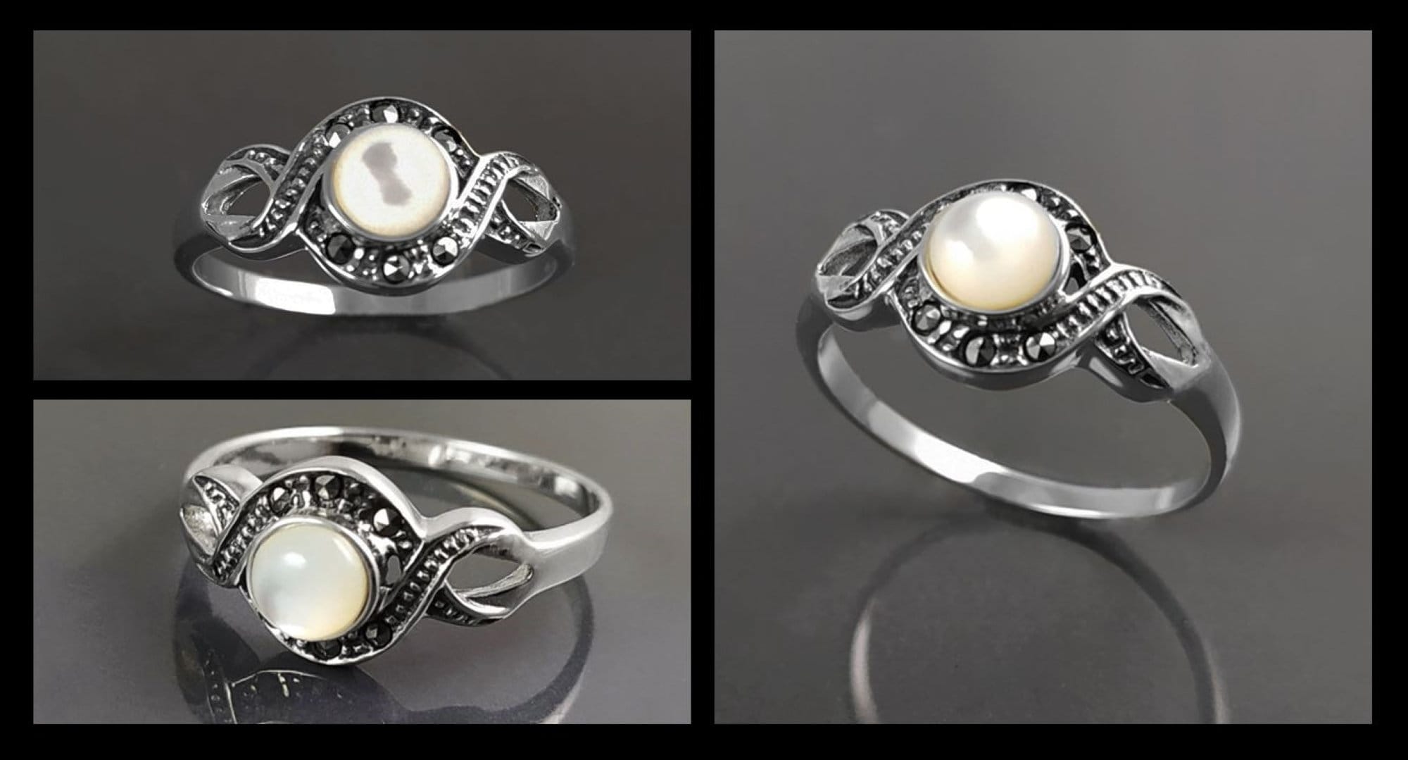 Retro Shell Ring, Sterling Silver, Waves Infinity Art Deco Marcasites Ring, Round Real Mother of Pearl, Antique Retro Inspired Stone Jewelry