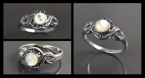 Retro Shell Ring, Sterling Silver, Waves Infinity Art Deco Marcasites Ring, Round Real Mother of Pearl, Antique Retro Inspired Stone Jewelry