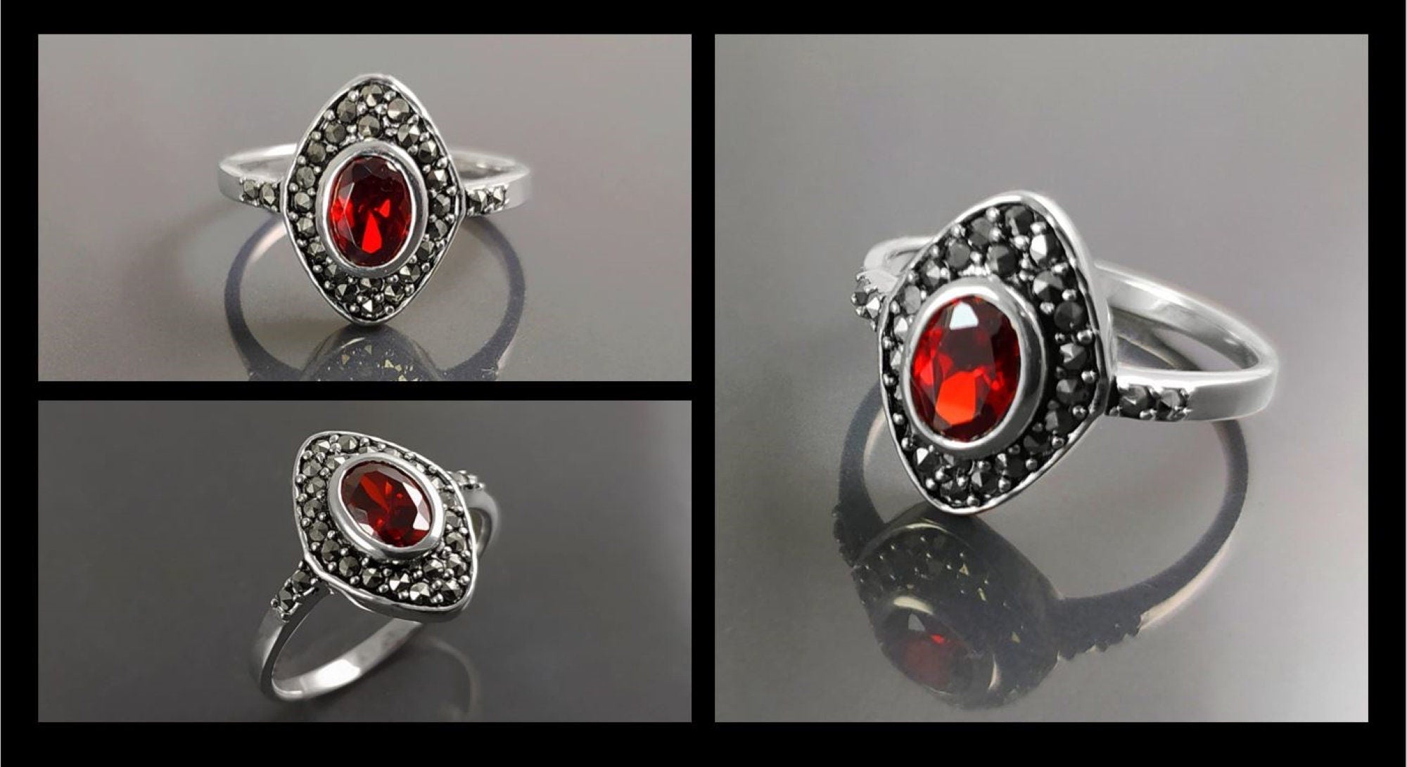 Garnet Marcassite Ring, Sterling Silver, Marquise Ring, Garnet Red Color Stone (Cz), Retro Stone Rings, Antique Jewelry, Women's Gifts