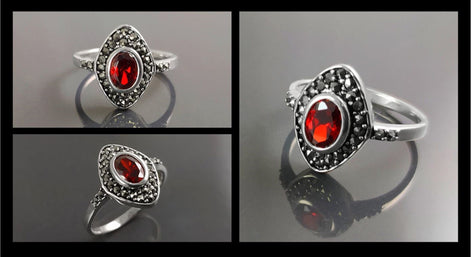 Garnet Marcassite Ring, Sterling Silver, Marquise Ring, Garnet Red Color Stone (Cz), Retro Stone Rings, Antique Jewelry, Women's Gifts