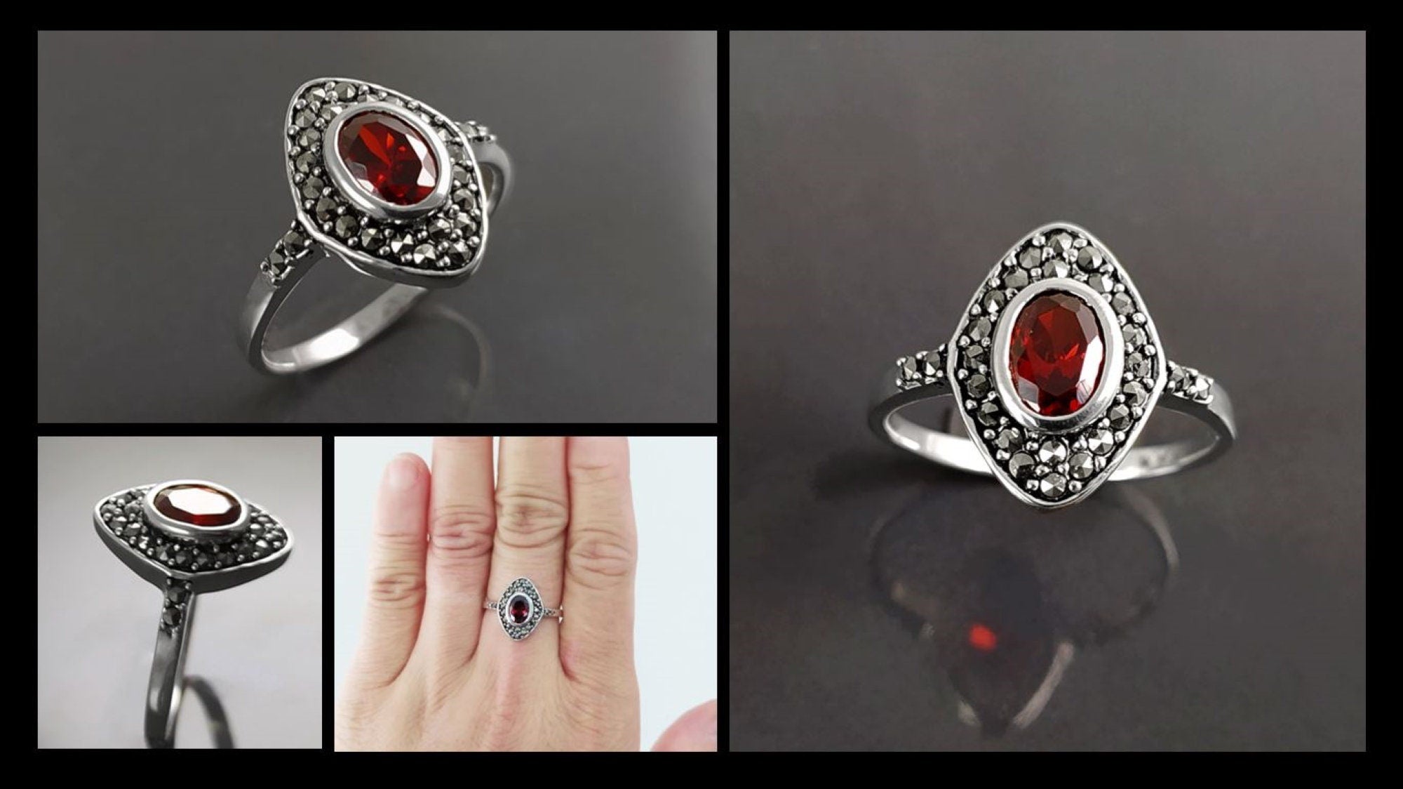 Garnet Marcassite Ring, Sterling Silver, Marquise Ring, Garnet Red Color Stone (Cz), Retro Stone Rings, Antique Jewelry, Women's Gifts
