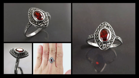 Garnet Marcassite Ring, Sterling Silver, Marquise Ring, Garnet Red Color Stone (Cz), Retro Stone Rings, Antique Jewelry, Women's Gifts