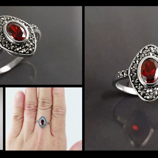 Garnet Marcassite Ring, Sterling Silver, Marquise Ring, Garnet Red Color Stone (Cz), Retro Stone Rings, Antique Jewelry, Women's Gifts