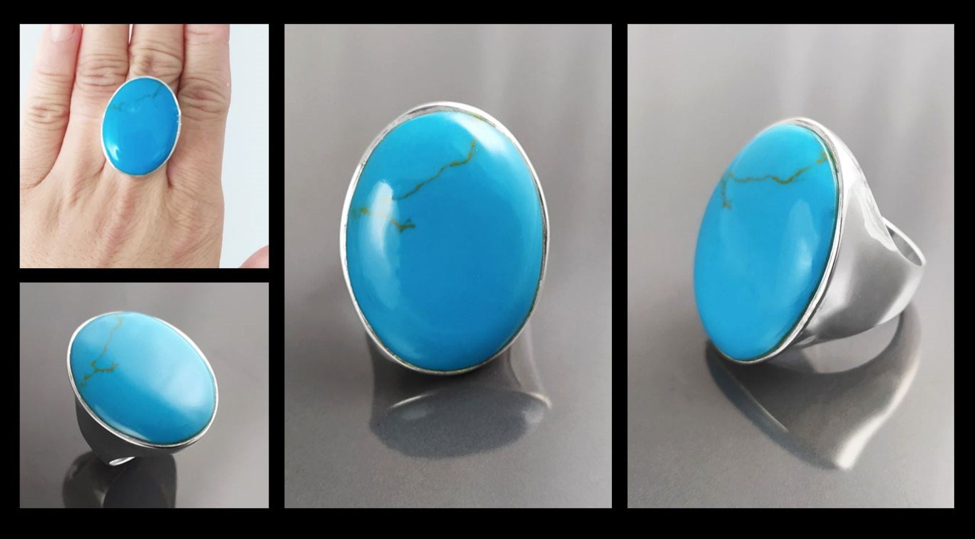 Turquoise Ring, Sterling Silver, Blue Turquoise Stone, Original Oval Form Jewelry, Unique Statement Modern Ring