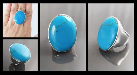 Turquoise Ring, Sterling Silver, Blue Turquoise Stone, Original Oval Form Jewelry, Unique Statement Modern Ring