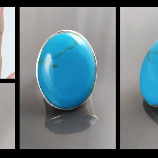 Turquoise Ring, Sterling Silver, Blue Turquoise Stone, Original Oval Form Jewelry, Unique Statement Modern Ring