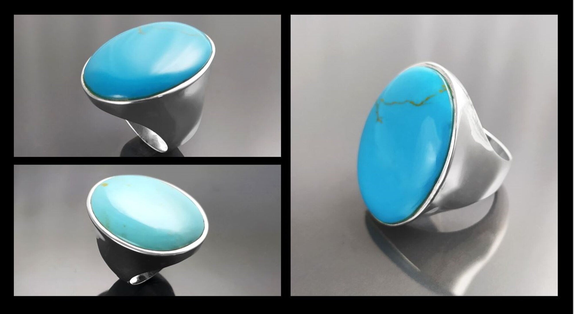 Turquoise Ring, Sterling Silver, Blue Turquoise Stone, Original Oval Form Jewelry, Unique Statement Modern Ring