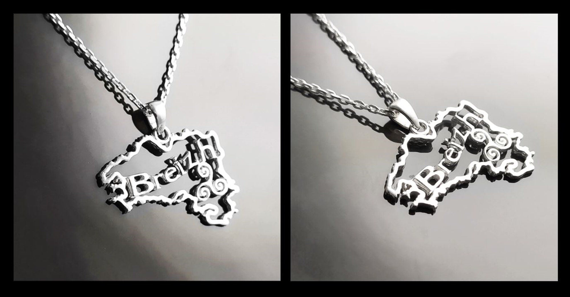 two views of a silver necklace with a pendant shaped like the outline of the state of  'Breizh' (Brittany) in France. The pendant has the word 'Breizh' written inside the outline.
Brand: KRAMIKE
Product: Brittany map necklace / Breizh pendant
Metal: 925 sterling silver
Pendant size: 3.0 × 2.0 cm
Weight: 3.6 g
Symbol: Triskel (center detail)
Chain options: 45 cm / 50 cm / 55 cm
Ships from: France
Tracking: included