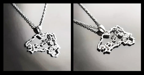 two views of a silver necklace with a pendant shaped like the outline of the state of  'Breizh' (Brittany) in France. The pendant has the word 'Breizh' written inside the outline.
Brand: KRAMIKE
Product: Brittany map necklace / Breizh pendant
Metal: 925 sterling silver
Pendant size: 3.0 × 2.0 cm
Weight: 3.6 g
Symbol: Triskel (center detail)
Chain options: 45 cm / 50 cm / 55 cm
Ships from: France
Tracking: included