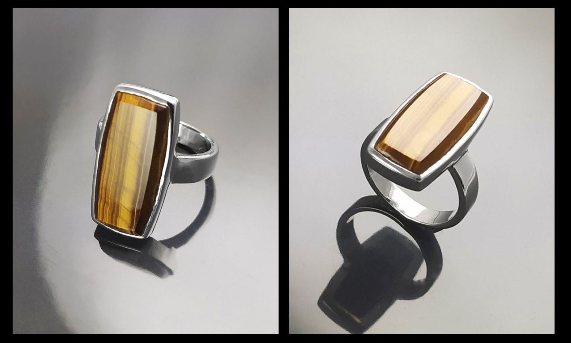 Brown Rectangle ring, sterling silver, brown color Tiger eye stone, Modern everyday urban minimalist geometric designed stone jewelry