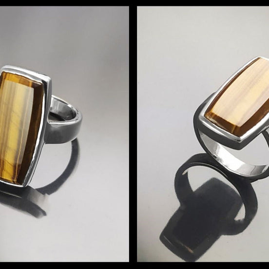 Brown Rectangle ring, sterling silver, brown color Tiger eye stone, Modern everyday urban minimalist geometric designed stone jewelry