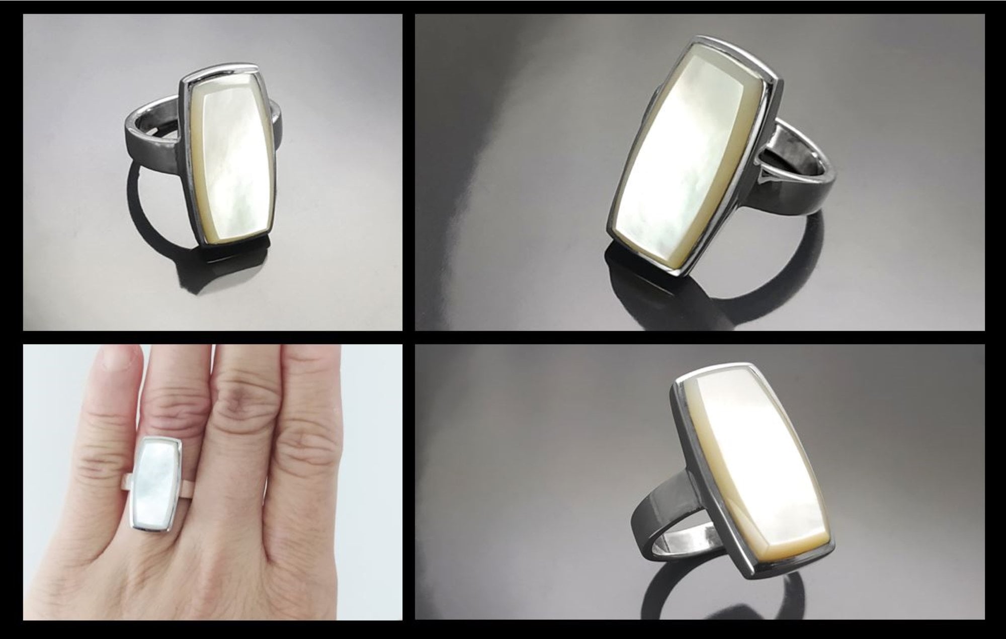 Sterling Silver Rectangle Mother-of-Pearl Ring, Modern Statement Jewelry