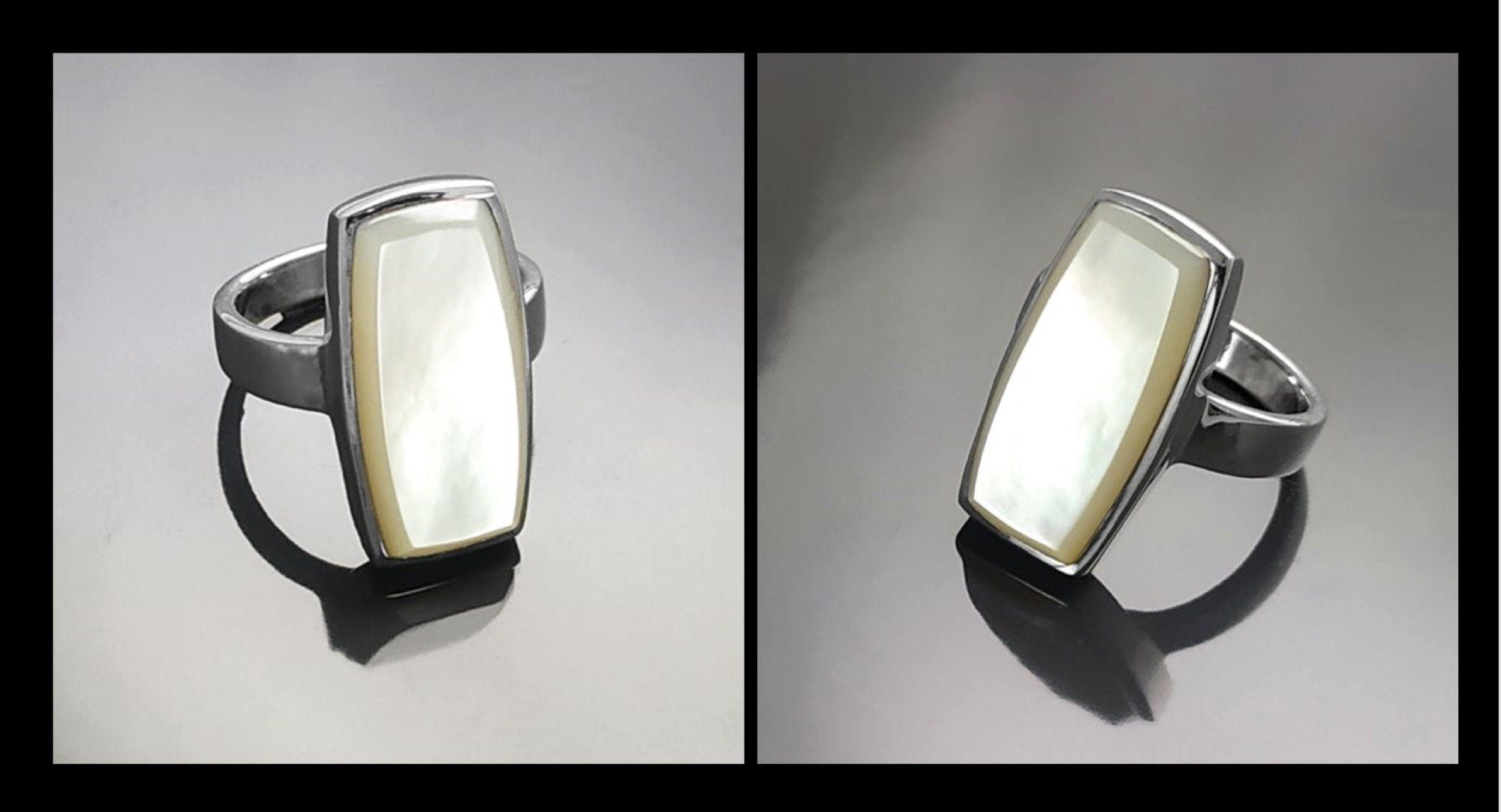 Sterling Silver Rectangle Mother-of-Pearl Ring, Modern Statement Jewelry