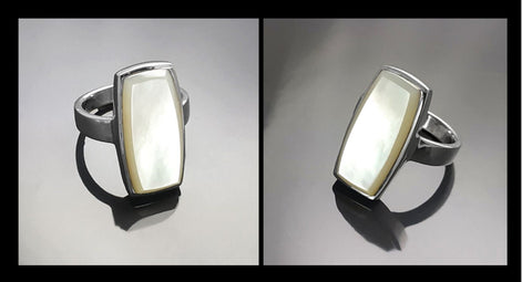 Sterling Silver Rectangle Mother-of-Pearl Ring, Modern Statement Jewelry