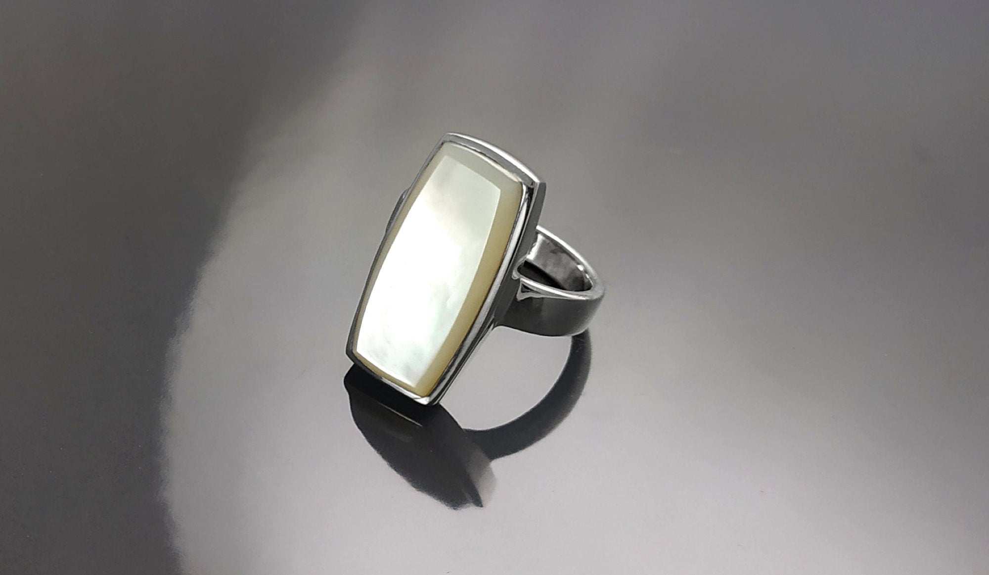 Sterling Silver Rectangle Mother-of-Pearl Ring, Modern Statement Jewelry