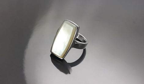 Sterling Silver Rectangle Mother-of-Pearl Ring, Modern Statement Jewelry
