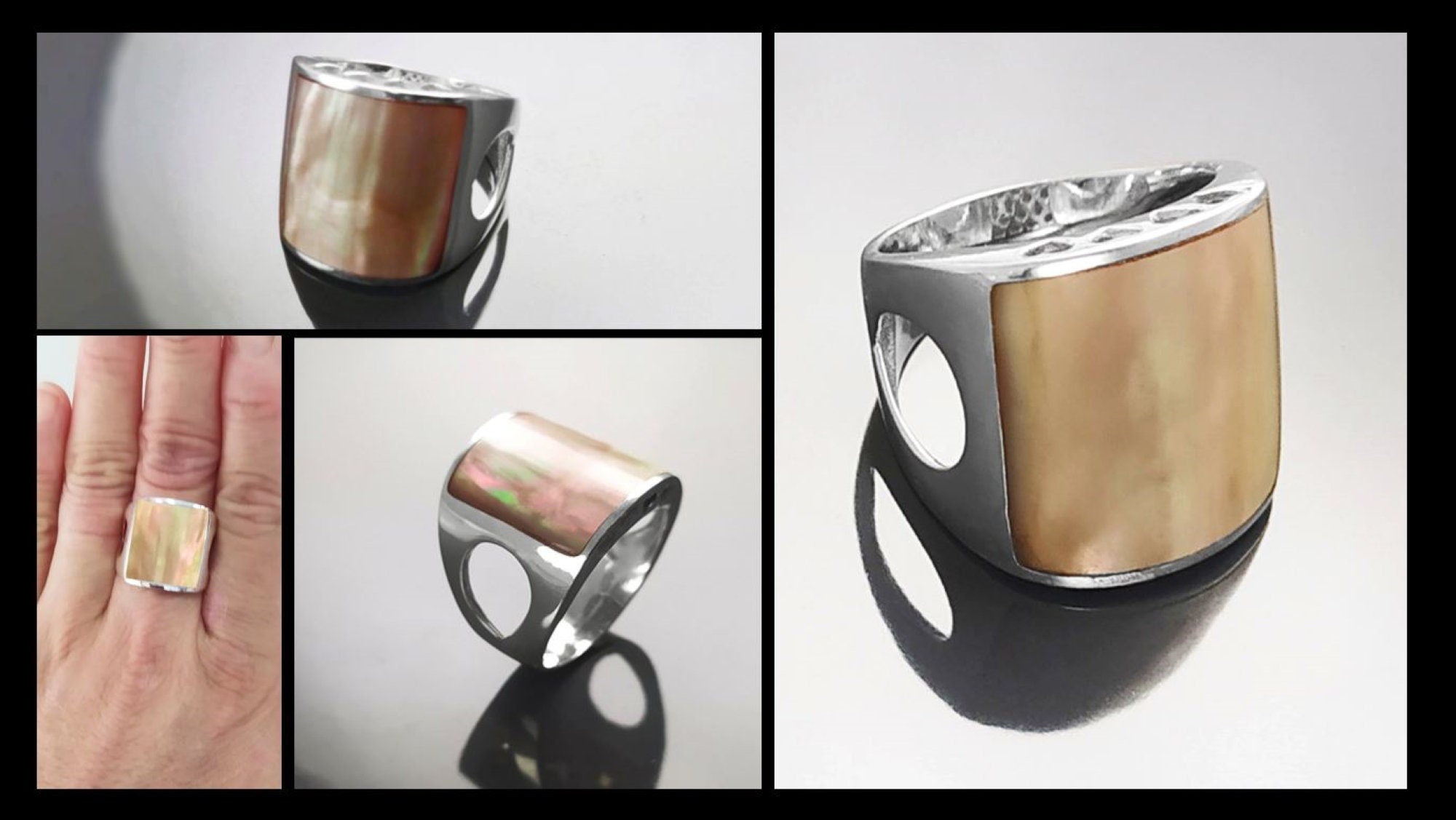 925 Statement Sterling Silver Cuff Ring, GENUINE PAUA Shell Jewelry, Minimalist design Band Ring