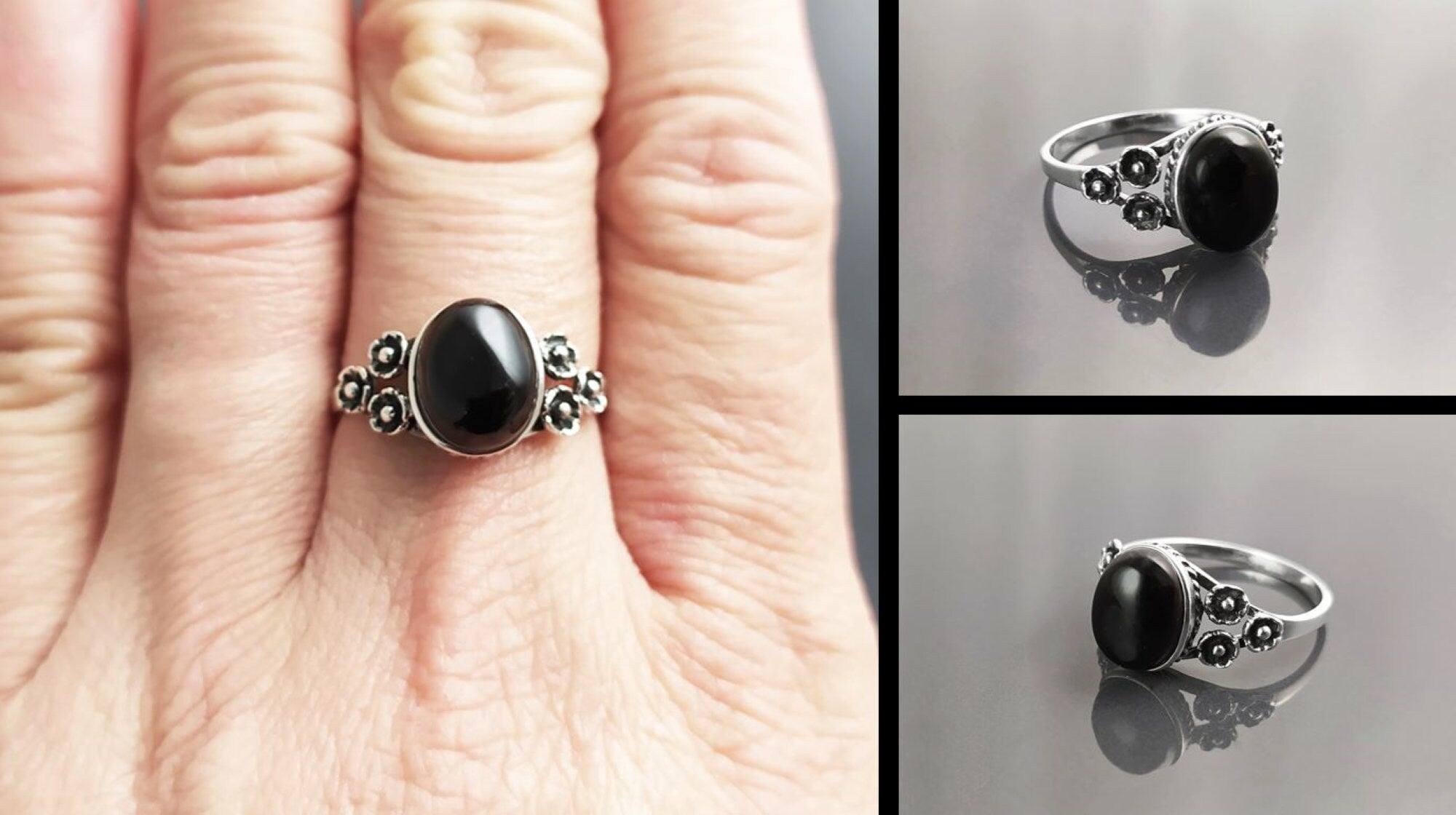 Black Boho Ring, Sterling Silver, Shiny Oval Stone, Genuine Onyx Gemstone, Jewelry, Dainty Vintage Gothic Flower Style Ring