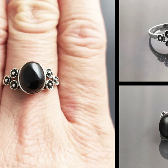 Black Boho Ring, Sterling Silver, Shiny Oval Stone, Genuine Onyx Gemstone, Jewelry, Dainty Vintage Gothic Flower Style Ring
