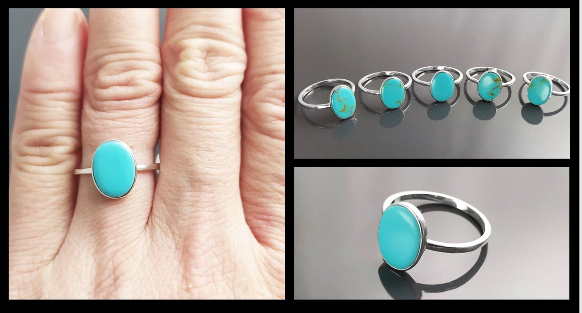 Oval Turquoise Ring, Sterling Silver, Flat Genuine Turquoise stone, Small Everyday blue Stone jewelry, Modern Minimalist Style Ring