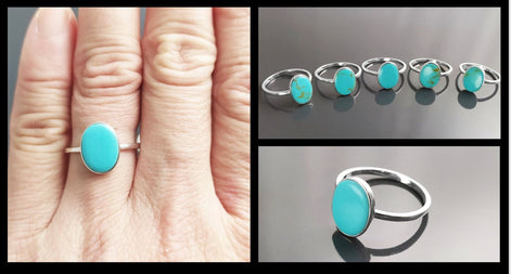 Oval Turquoise Ring, Sterling Silver, Flat Genuine Turquoise stone, Small Everyday blue Stone jewelry, Modern Minimalist Style Ring