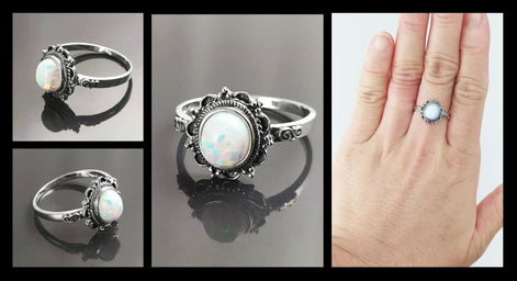 925 Vintage Opal Ring, Sterling Silver, White Fire Opal Gemstone Jewelry, Oval Fiery Opal Stone Jewelry, Woman Boho Tribal Style Gift