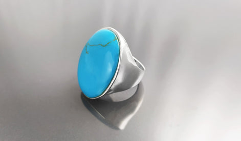 Turquoise Ring, Sterling Silver, Blue Turquoise Stone, Original Oval Form Jewelry, Unique Statement Modern Ring