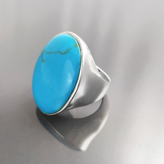 Turquoise Ring, Sterling Silver, Blue Turquoise Stone, Original Oval Form Jewelry, Unique Statement Modern Ring