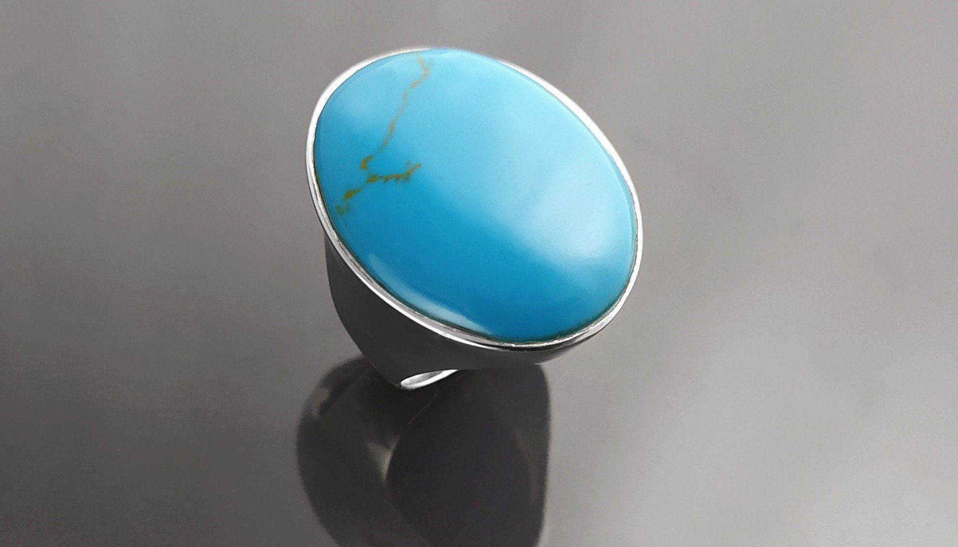 Turquoise Ring, Sterling Silver, Blue Turquoise Stone, Original Oval Form Jewelry, Unique Statement Modern Ring