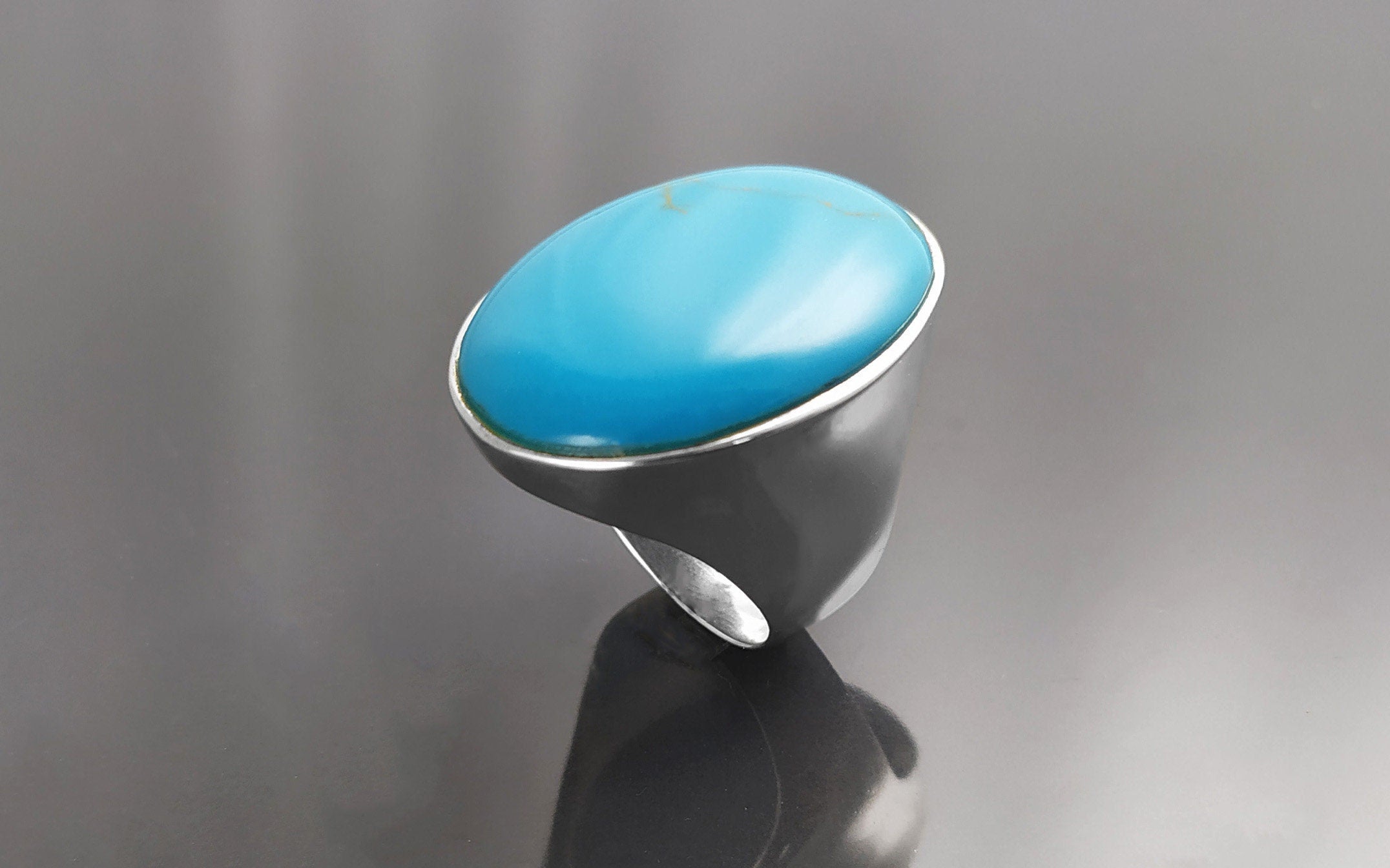 Turquoise Ring, Sterling Silver, Blue Turquoise Stone, Original Oval Form Jewelry, Unique Statement Modern Ring