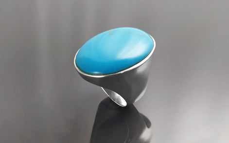 Turquoise Ring, Sterling Silver, Blue Turquoise Stone, Original Oval Form Jewelry, Unique Statement Modern Ring