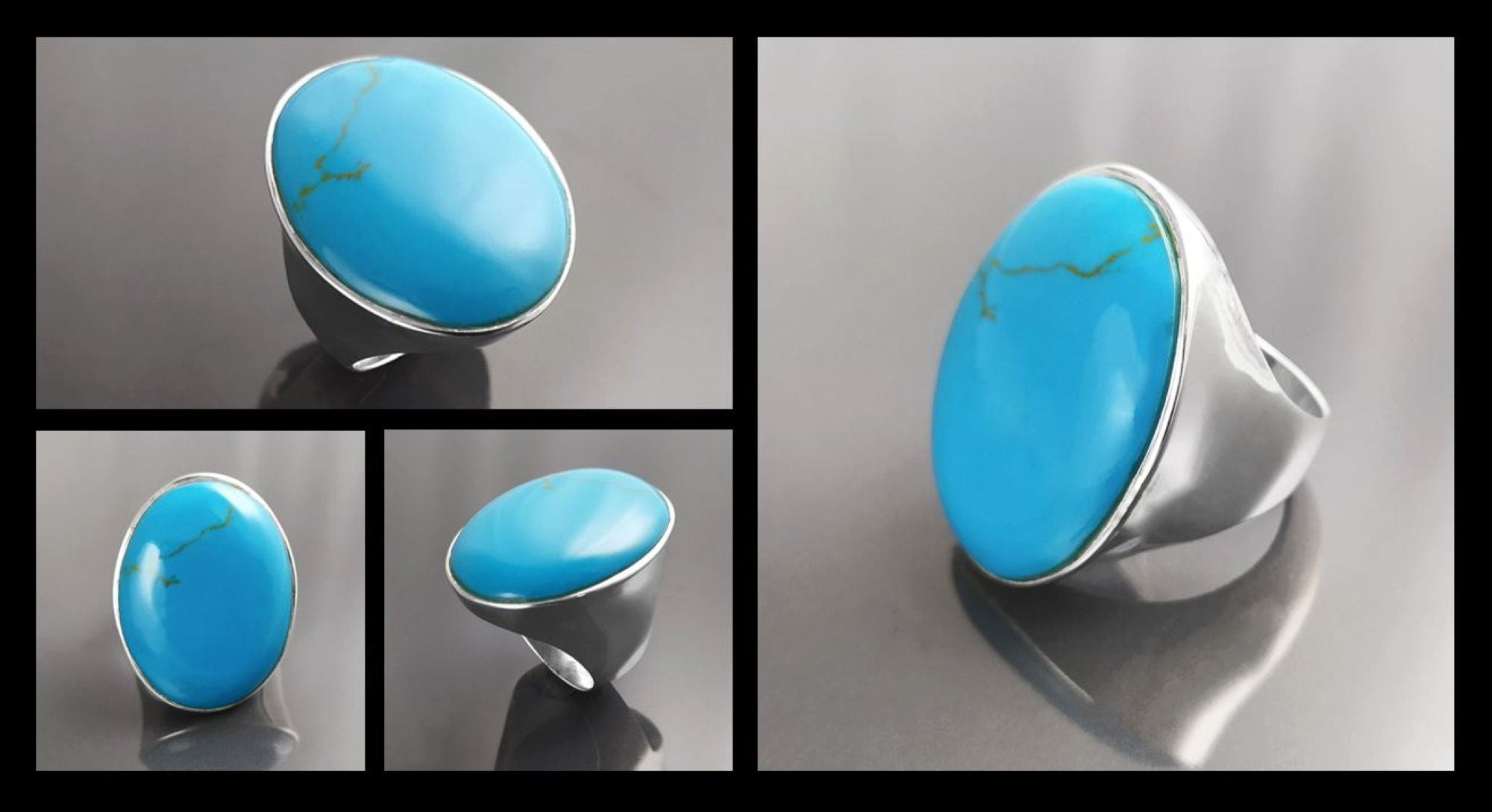 Turquoise Ring, Sterling Silver, Blue Turquoise Stone, Original Oval Form Jewelry, Unique Statement Modern Ring