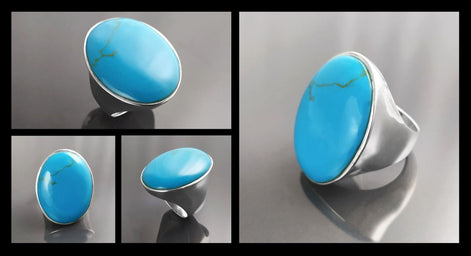Turquoise Ring, Sterling Silver, Blue Turquoise Stone, Original Oval Form Jewelry, Unique Statement Modern Ring