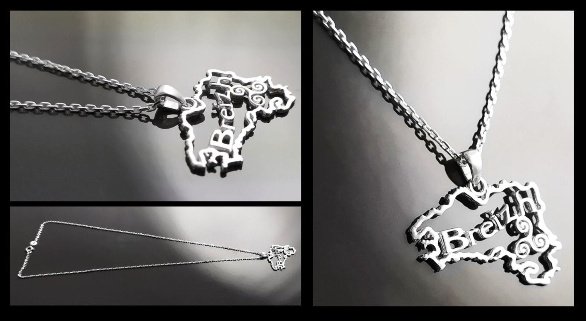 Multiple view of a silver necklace with a pendant shaped like the outline of the state of  'Breizh' (Brittany) in France. The pendant has the word 'Breizh' written inside the outline.
Brand: KRAMIKE
Product: Brittany map necklace / Breizh pendant
Metal: 925 sterling silver
Pendant size: 3.0 × 2.0 cm
Weight: 3.6 g
Symbol: Triskel (center detail)
Chain options: 45 cm / 50 cm / 55 cm
Ships from: France
Tracking: included