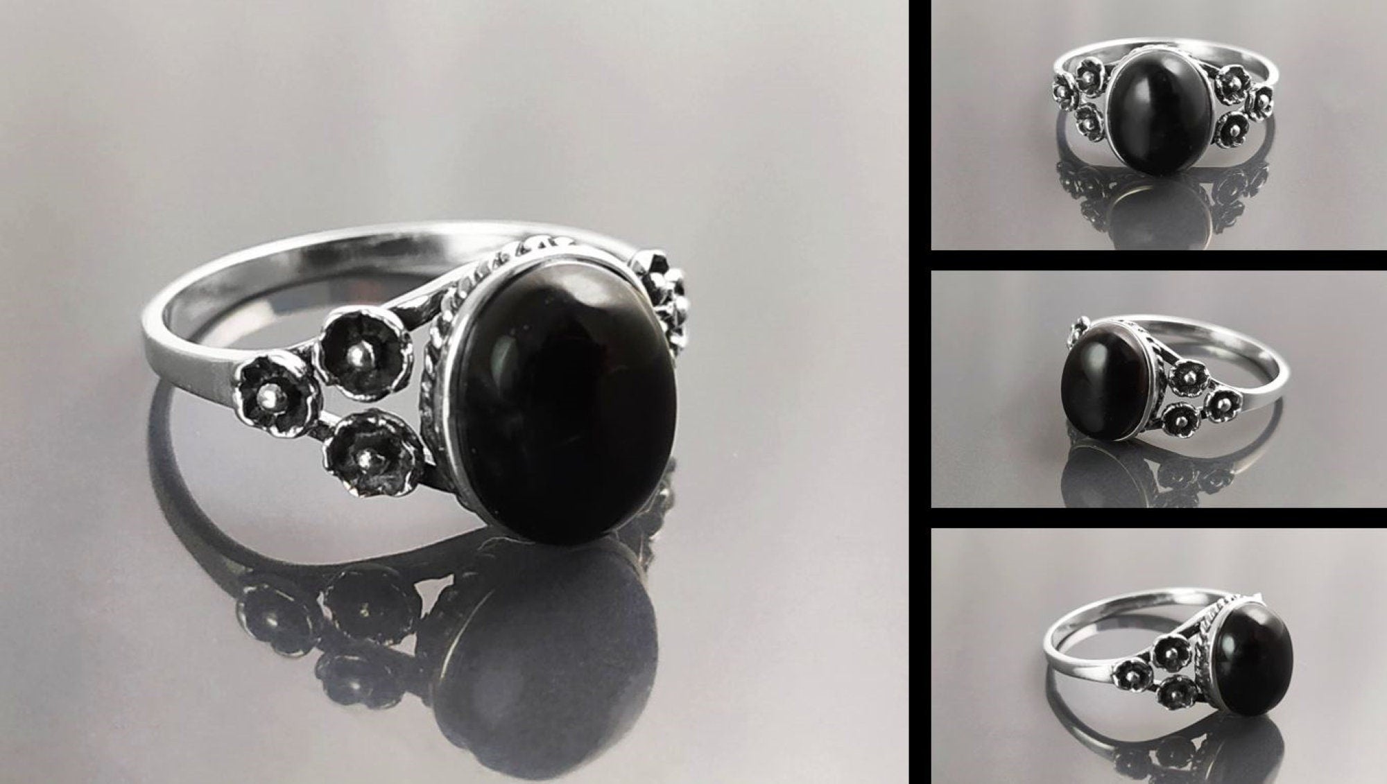 Black Boho Ring, Sterling Silver, Shiny Oval Stone, Genuine Onyx Gemstone, Jewelry, Dainty Vintage Gothic Flower Style Ring