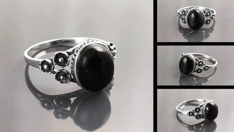 Black Boho Ring, Sterling Silver, Shiny Oval Stone, Genuine Onyx Gemstone, Jewelry, Dainty Vintage Gothic Flower Style Ring