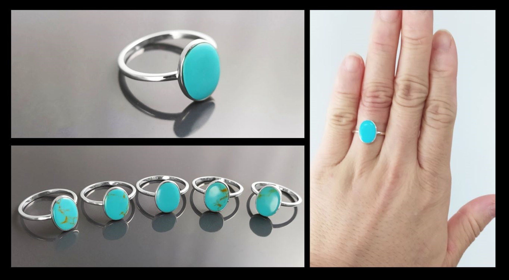Oval Turquoise Ring, Sterling Silver, Flat Genuine Turquoise stone, Small Everyday blue Stone jewelry, Modern Minimalist Style Ring