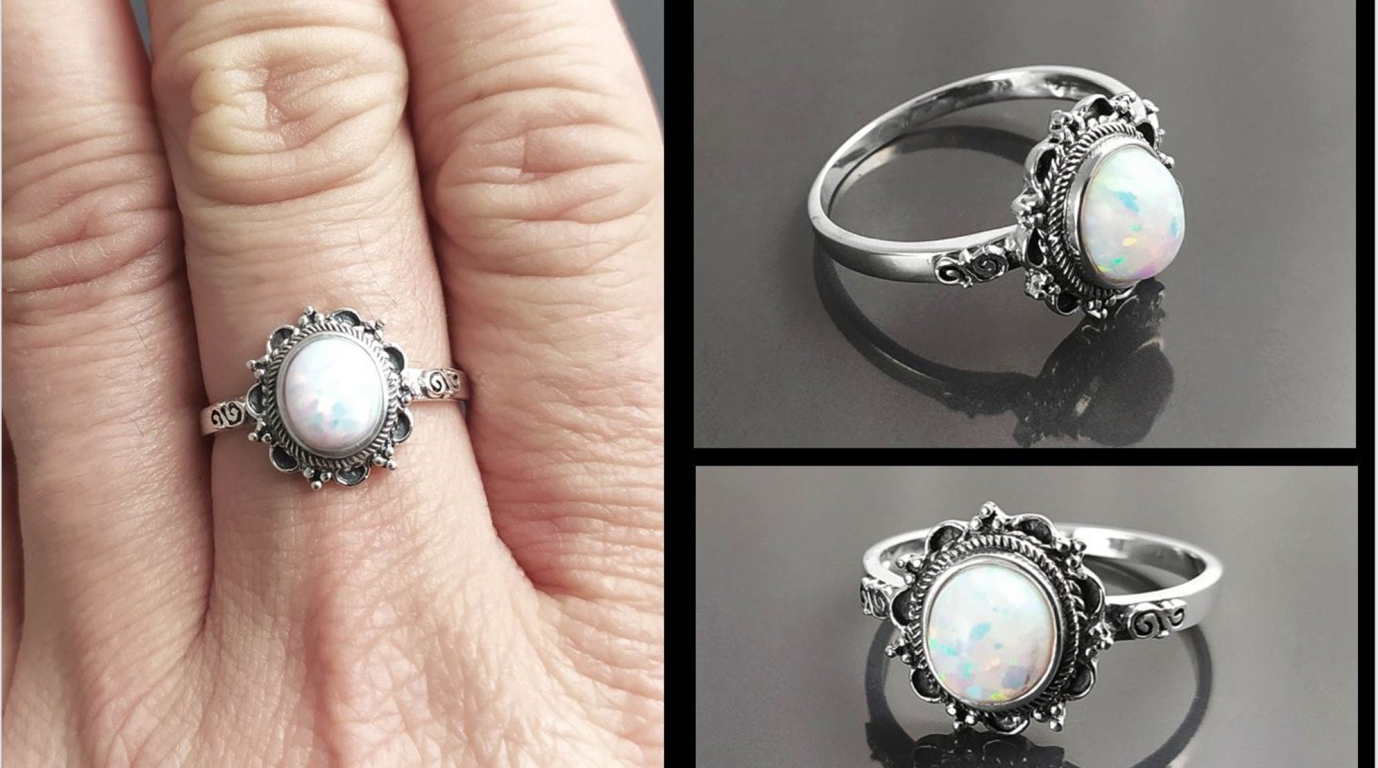 925 Vintage Opal Ring, Sterling Silver, White Fire Opal Gemstone Jewelry, Oval Fiery Opal Stone Jewelry, Woman Boho Tribal Style Gift