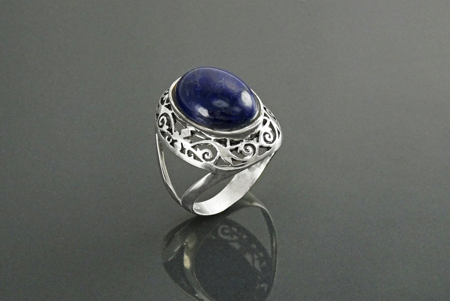 Oval Lapis Lazuli Sterling Silver Ring, Antique Filigree Statement Jewelry