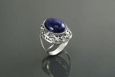 Oval Lapis Lazuli Sterling Silver Ring, Antique Filigree Statement Jewelry