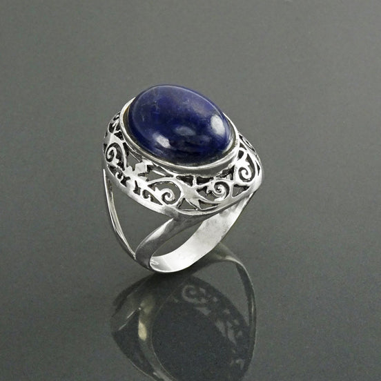 Oval Lapis Lazuli Sterling Silver Ring, Antique Filigree Statement Jewelry