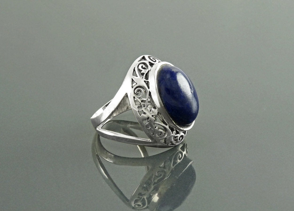 Oval Lapis Lazuli Sterling Silver Ring, Antique Filigree Statement Jewelry