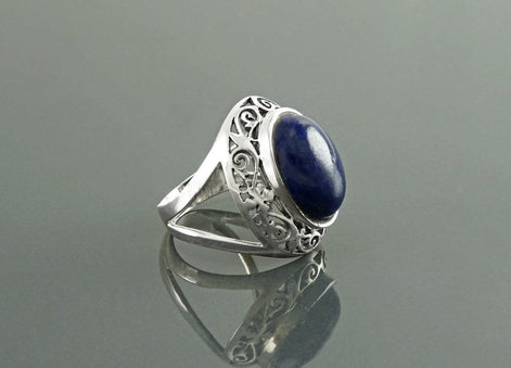 Oval Lapis Lazuli Sterling Silver Ring, Antique Filigree Statement Jewelry