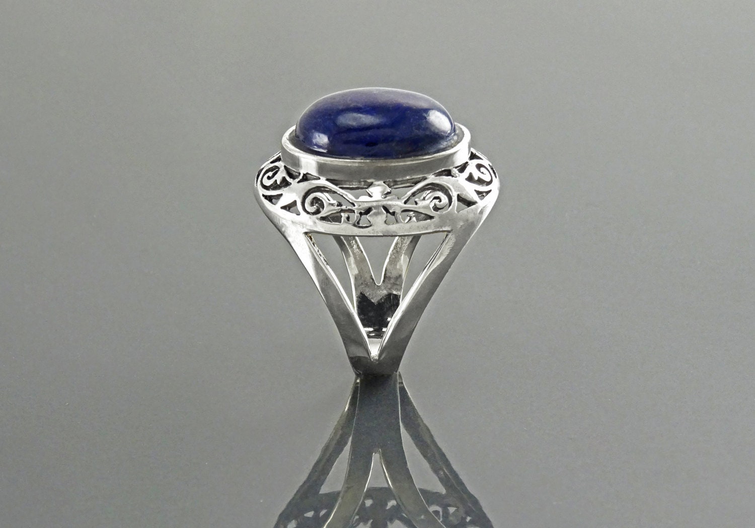 Oval Lapis Lazuli Sterling Silver Ring, Antique Filigree Statement Jewelry