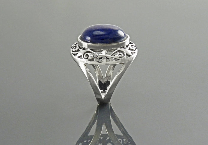 Oval Lapis Lazuli Sterling Silver Ring, Antique Filigree Statement Jewelry