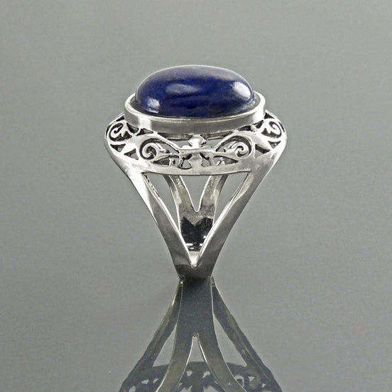 Oval Lapis Lazuli Sterling Silver Ring, Antique Filigree Statement Jewelry