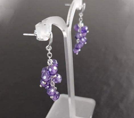Purple grape stones earrings, sterling silver, teardrop purple berry bunch stone earrings, dark violet berries color crystal jewelry